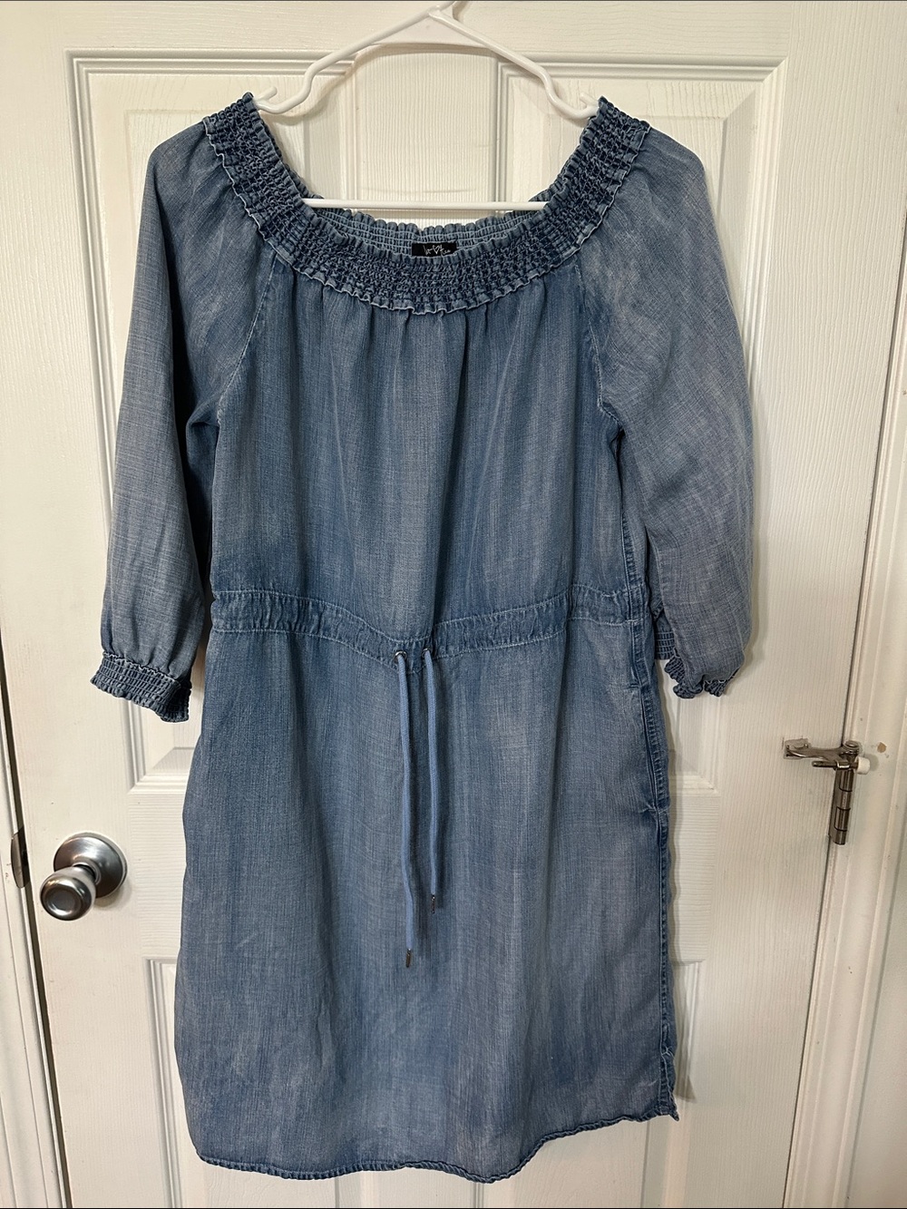 Velvet Heart Denim-Look Smocked Neck Drawstring Dress - Light Blue